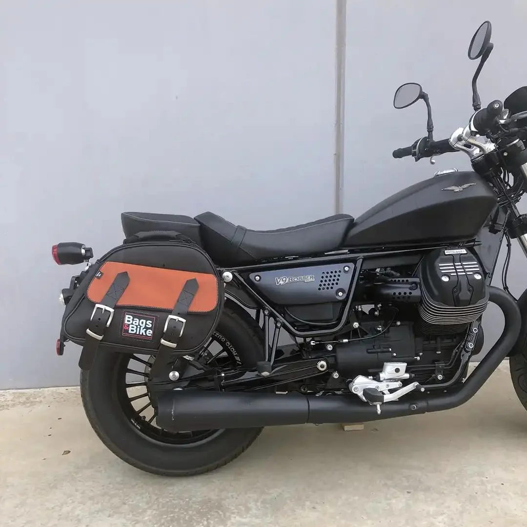 Borse laterali per Moto Guzzi Bobber, coppia di borse EXPLORER in Nera e Cuoio - immagine 3