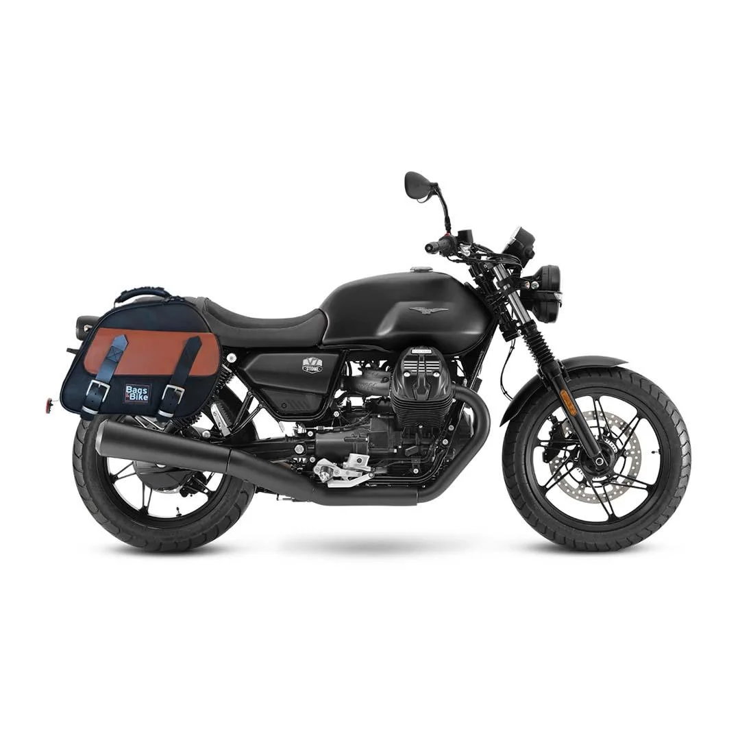 Panniers for Moto Guzzi V7 850 2021-25, pair of EXPLORER in Black and Leather side bags