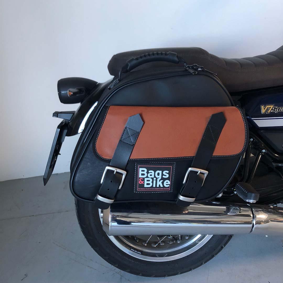 Panniers for Moto Guzzi V7 850 2021-25, pair of EXPLORER in Black and Leather side bags - Image 2