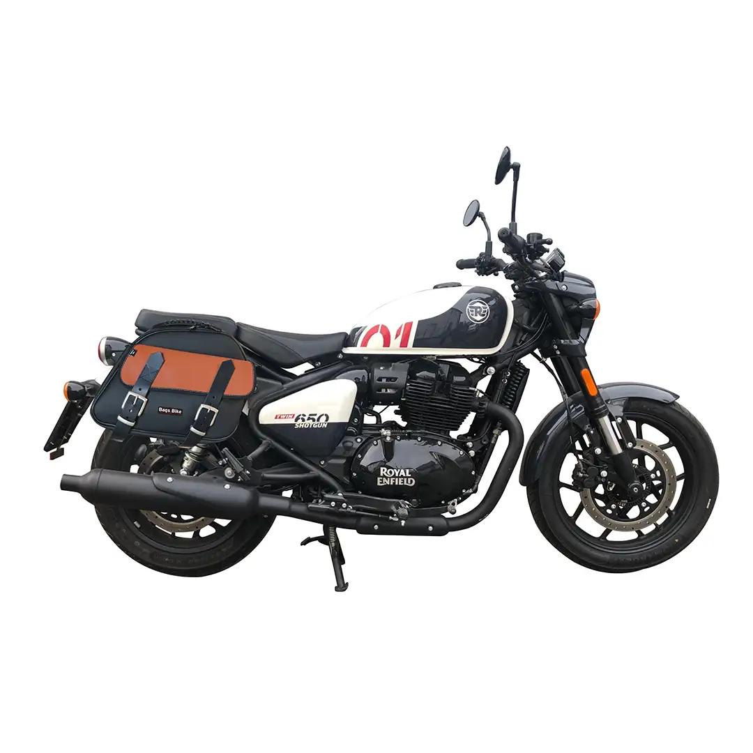 Panniers for Royal Enfield Shotgun, pair of EXPLORER in Black and Leather side bags