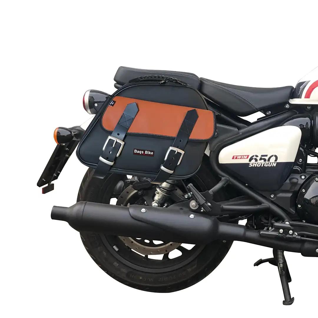 Panniers for Royal Enfield Shotgun, pair of EXPLORER in Black and Leather side bags - Image 2