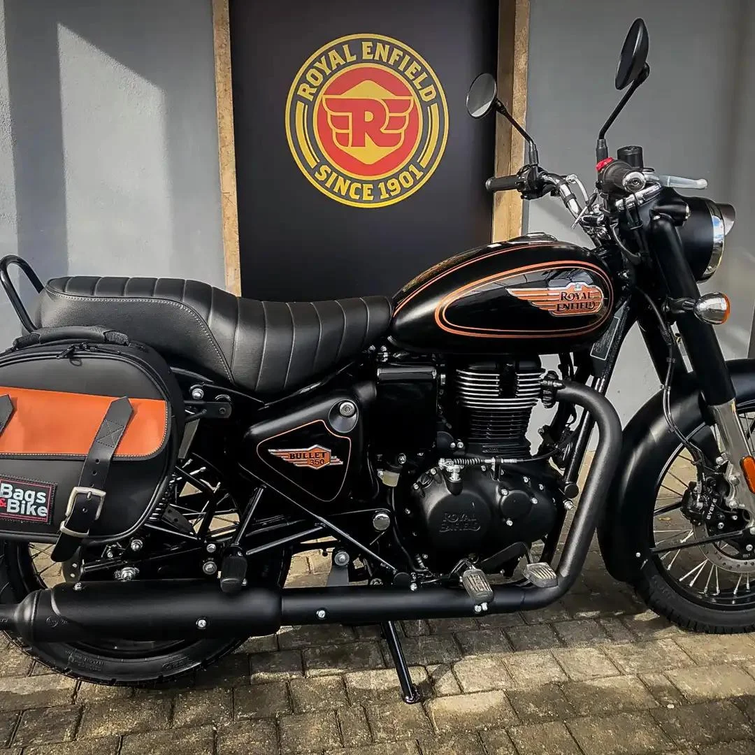 Borse laterali per Royal Enfield Bullet 350, coppia di borse EXPLORER in Nera e Cuoio - immagine 2
