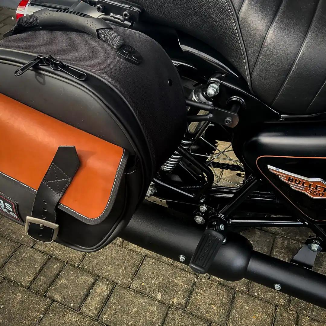 Panniers for Royal Enfield Bullet 350, pair of EXPLORER in Black and Leather side bags - Image 3