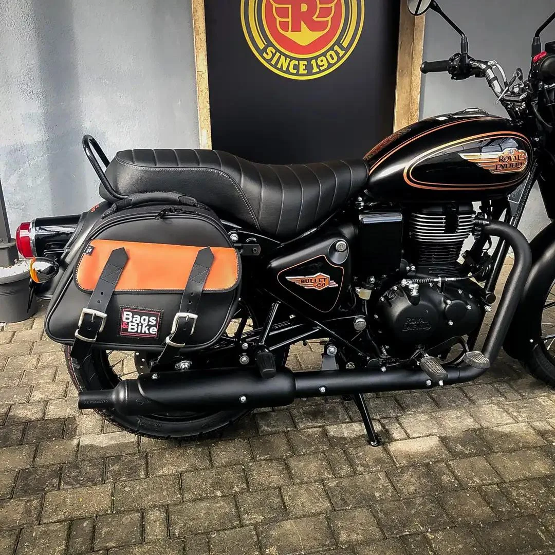 Borse laterali per Royal Enfield Bullet 350, coppia di borse EXPLORER in Nera e Cuoio - immagine 4