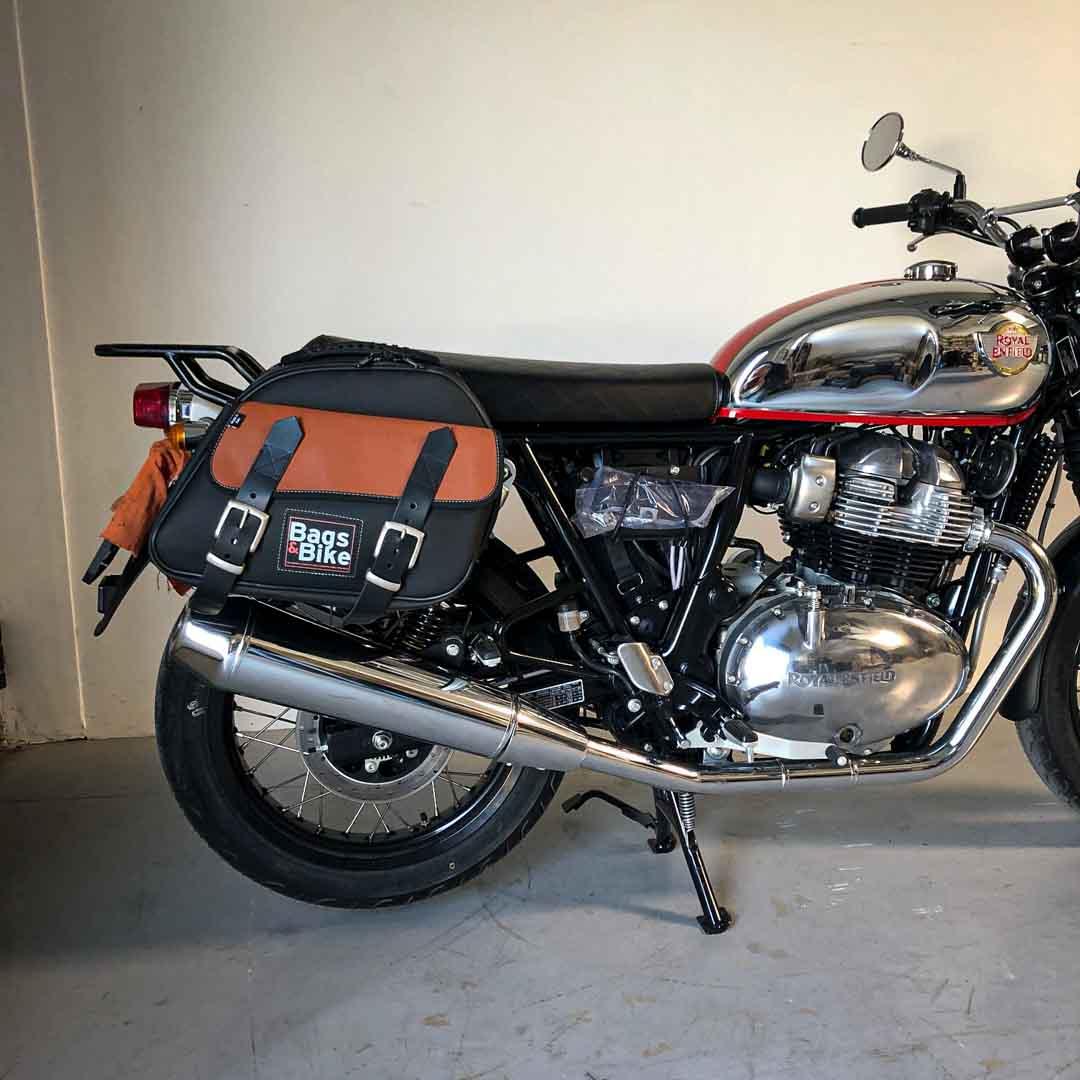 Panniers for Royal Enfield Interceptor Continental, pair of EXPLORER in Black and Leather side bags