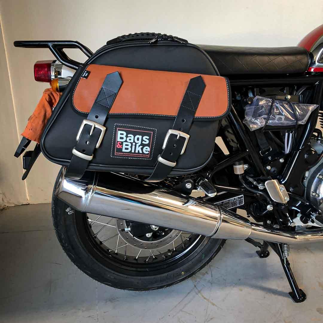 Panniers for Royal Enfield Interceptor Continental, pair of EXPLORER in Black and Leather side bags - Image 2