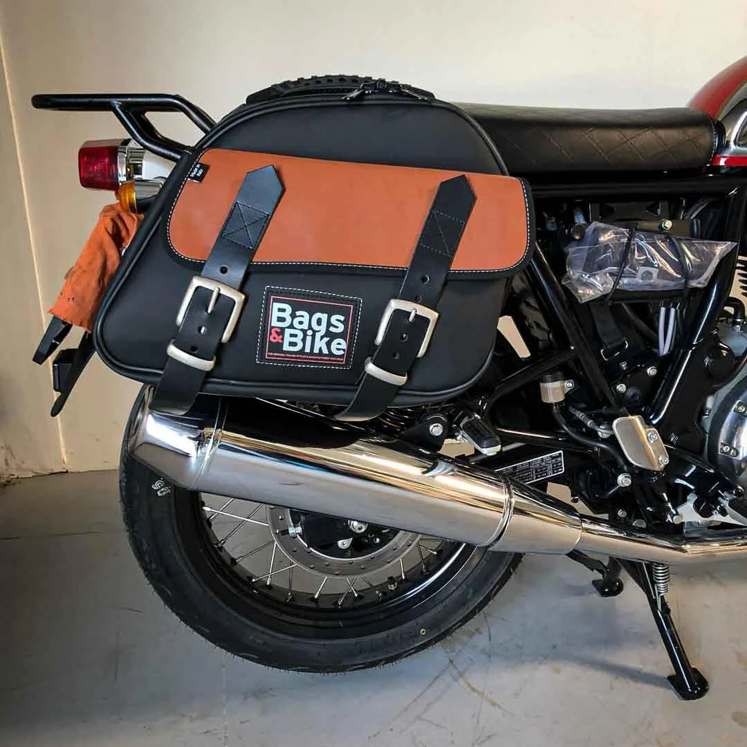 Borse laterali per Royal Enfield Interceptor Continental, coppia di borse EXPLORER in Nera e Cuoio - immagine 2