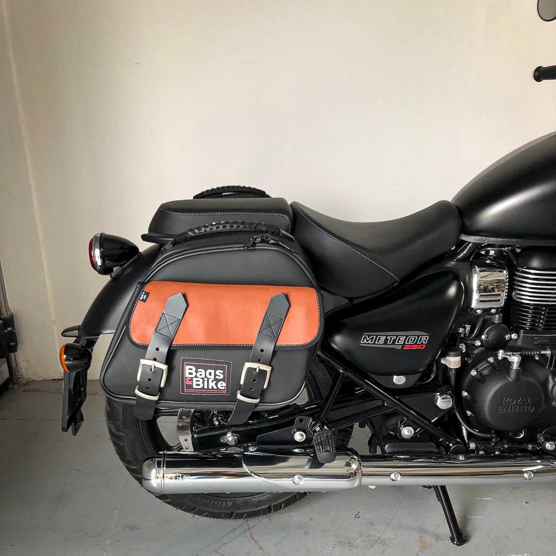 Panniers for Royal Enfield Meteor 350, pair of EXPLORER in Black and Leather side bags