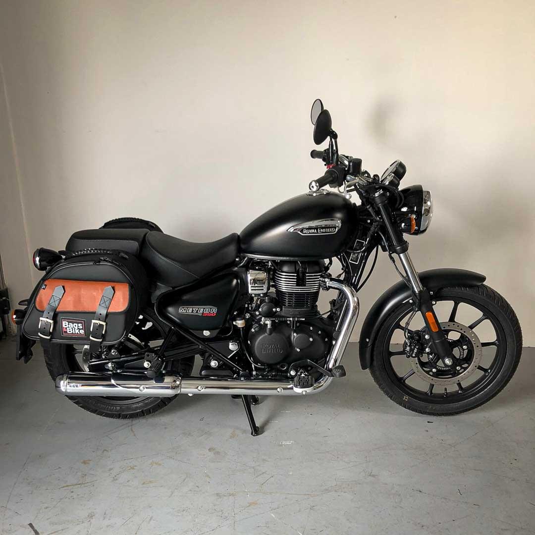 Panniers for Royal Enfield Meteor 350, pair of EXPLORER in Black and Leather side bags - Image 2