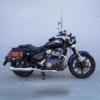 Panniers for Royal Enfield Super Meteor 650, pair of EXPLORER in Black and Leather side bags