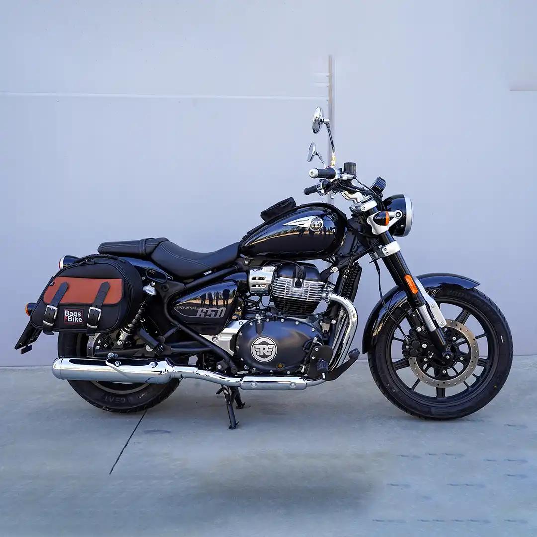 Panniers for Royal Enfield Super Meteor 650, pair of EXPLORER in Black and Leather side bags