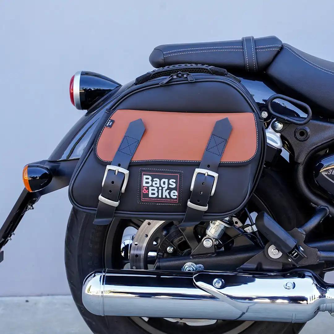 Panniers for Royal Enfield Super Meteor 650, pair of EXPLORER in Black and Leather side bags - Image 2