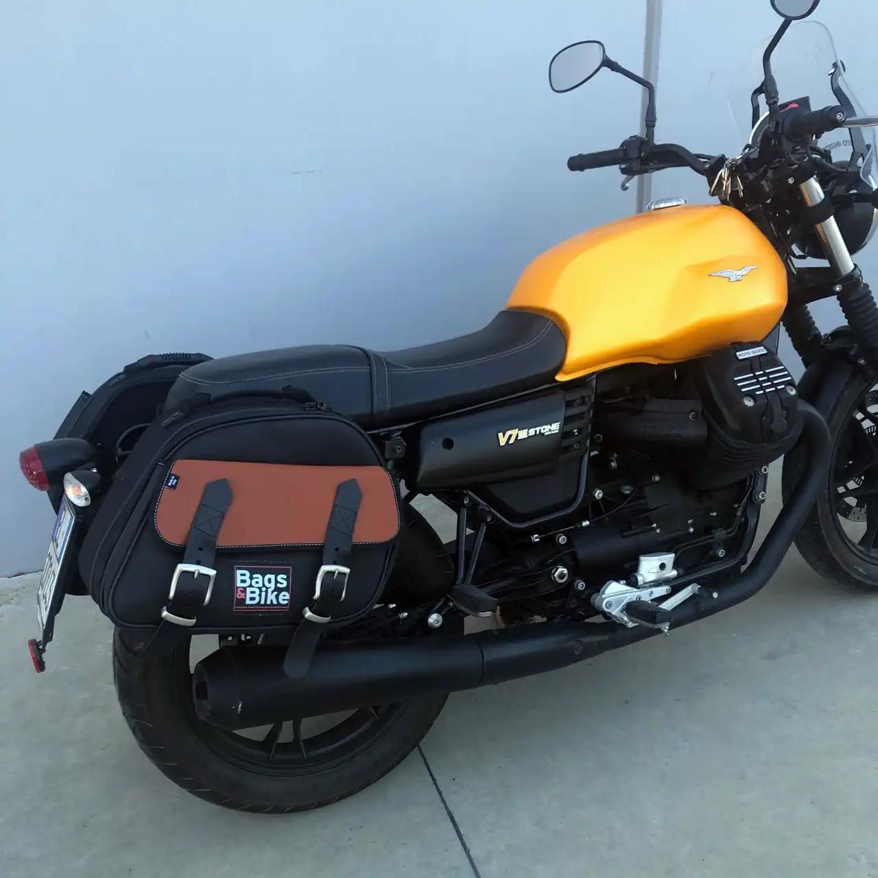 Panniers for Moto Guzzi V7 III, pair of EXPLORER in Black and Leather side bags - Image 2