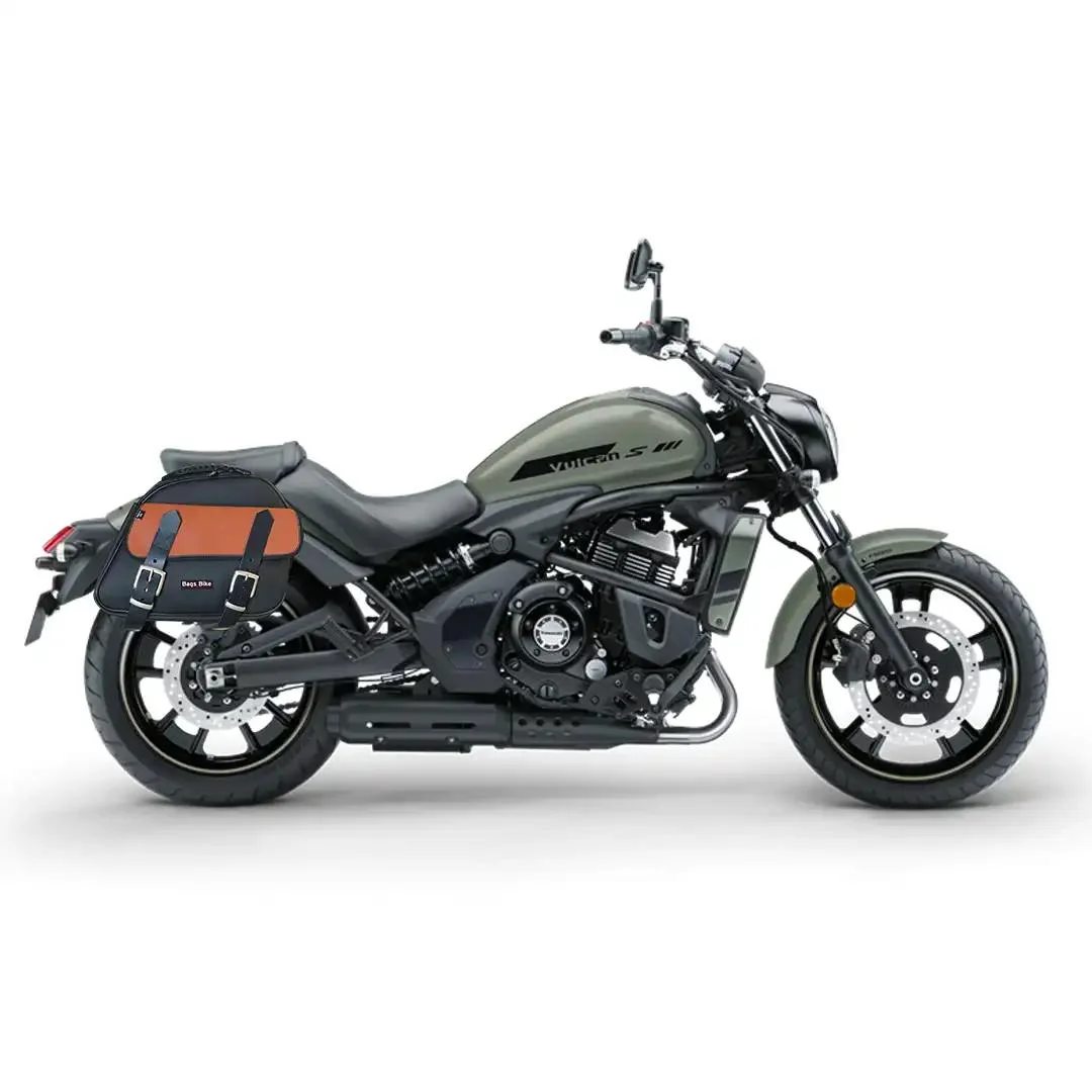 Panniers for Kawasaki Vulcan 650, pair of EXPLORER in Black and Leather side bags - Image 2