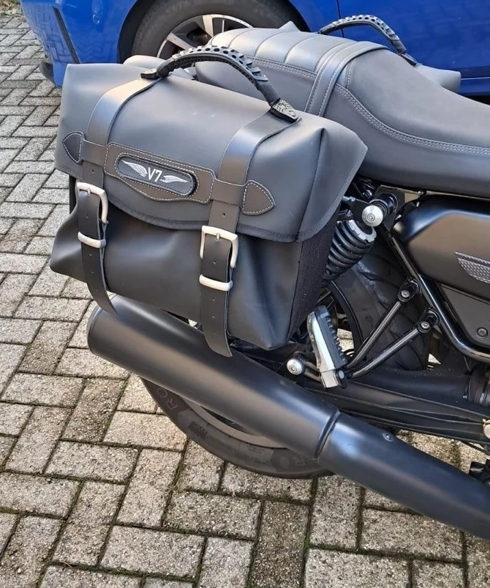 Bags & Bike leather saddlebag with V7 patch mounted on a Moto Guzzi V7